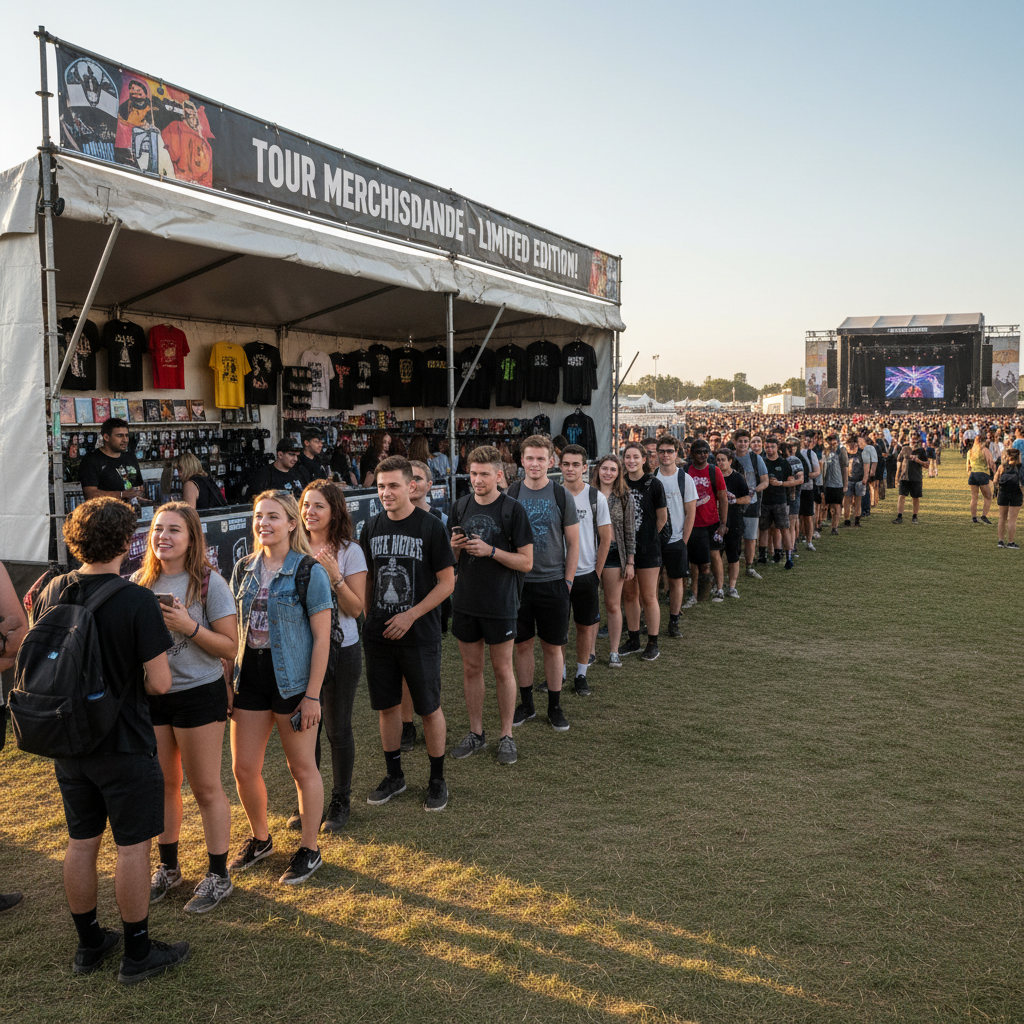 굿즈를 구매하기 위해 길게 줄을 선 팬들의 모습