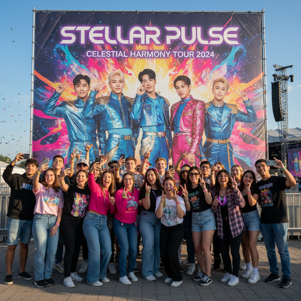 아티스트의 대형 현수막 앞에서 기념 촬영을 하는 팬들