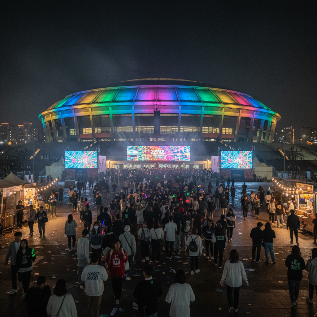 공연이 끝난 후 화려한 조명이 켜진 체조경기장 야경