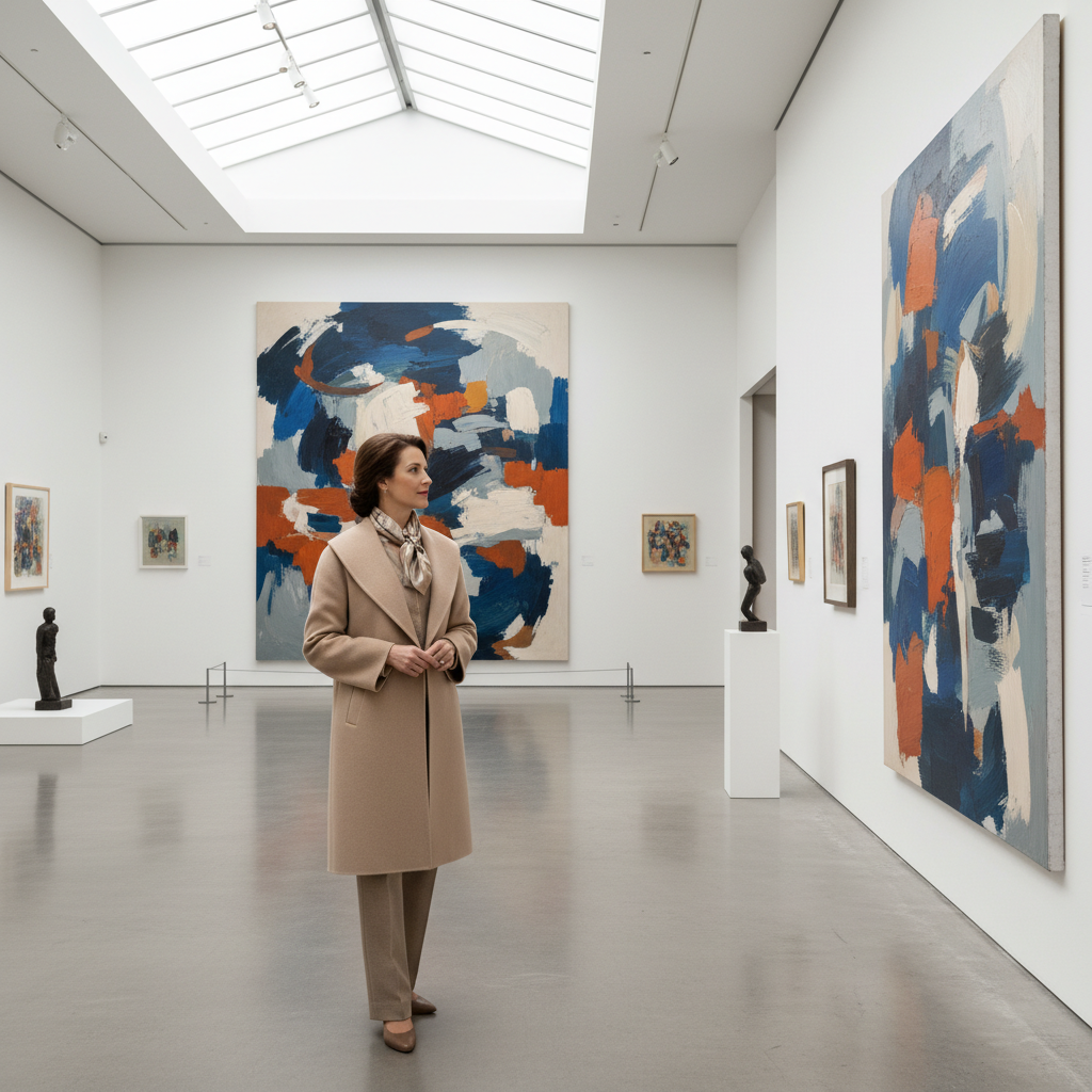 갤러리에서 작품을 감상하는 우아한 여성의 뒷모습