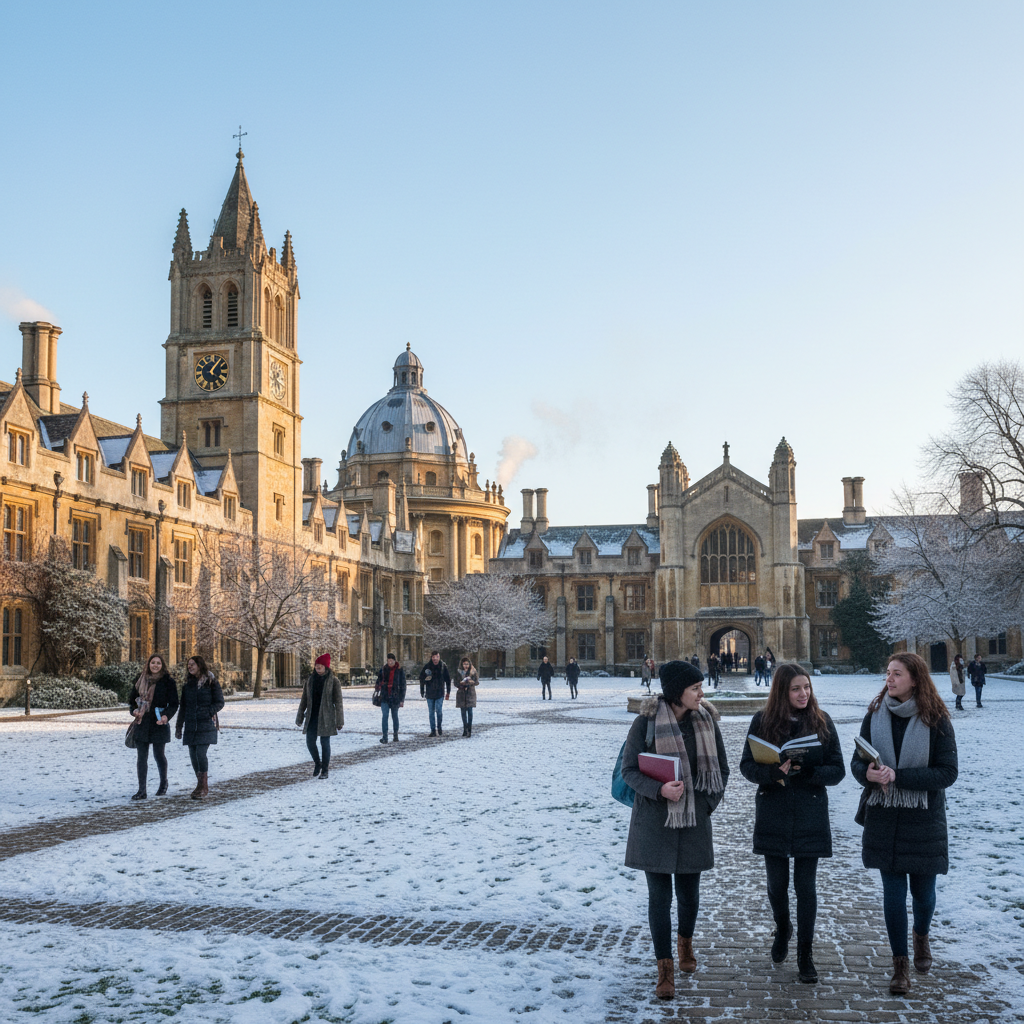 명문 대학교의 고풍스러운 건물과 겨울 풍경