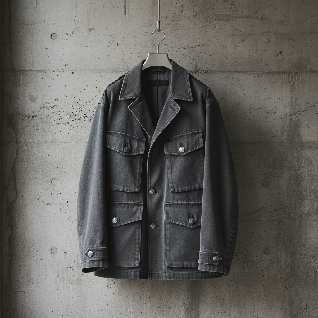 코이세이오 밀리터리 자켓의 세련된 차콜 실루엣