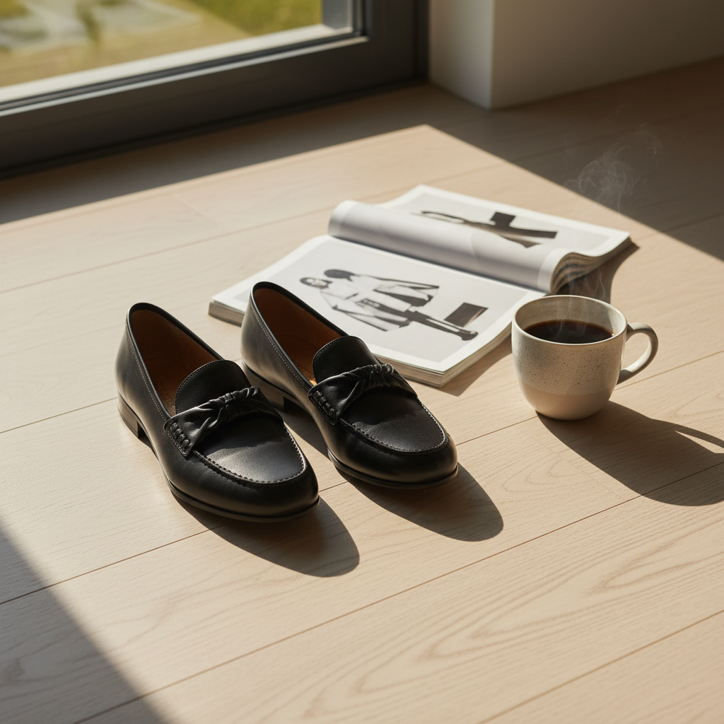 세련된 분위기의 가죽 로퍼와 현대적인 패션 소품들