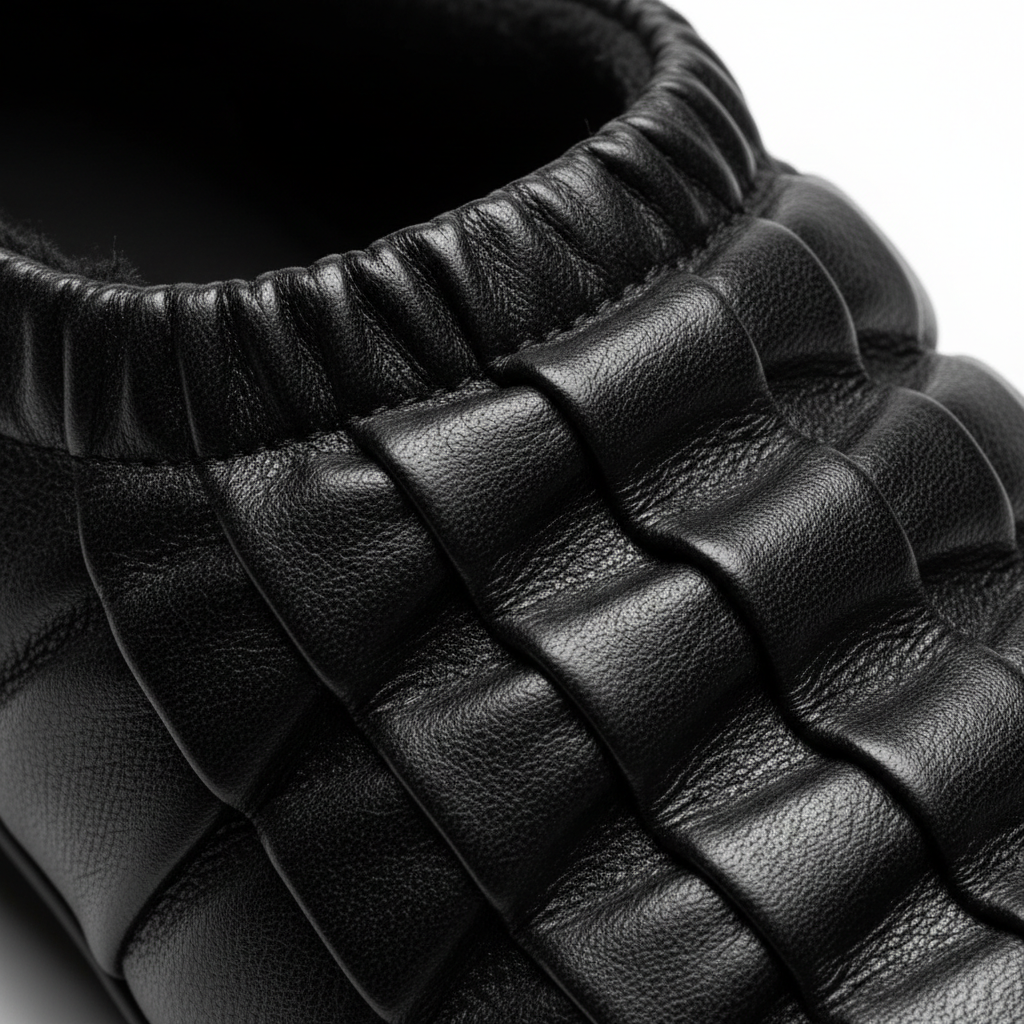 부드러운 가죽 소재의 셔링 디테일 근접 촬영