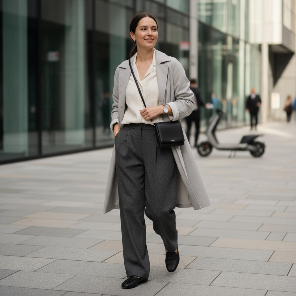 세련된 슬랙스와 로퍼를 매치한 도시적인 스타일