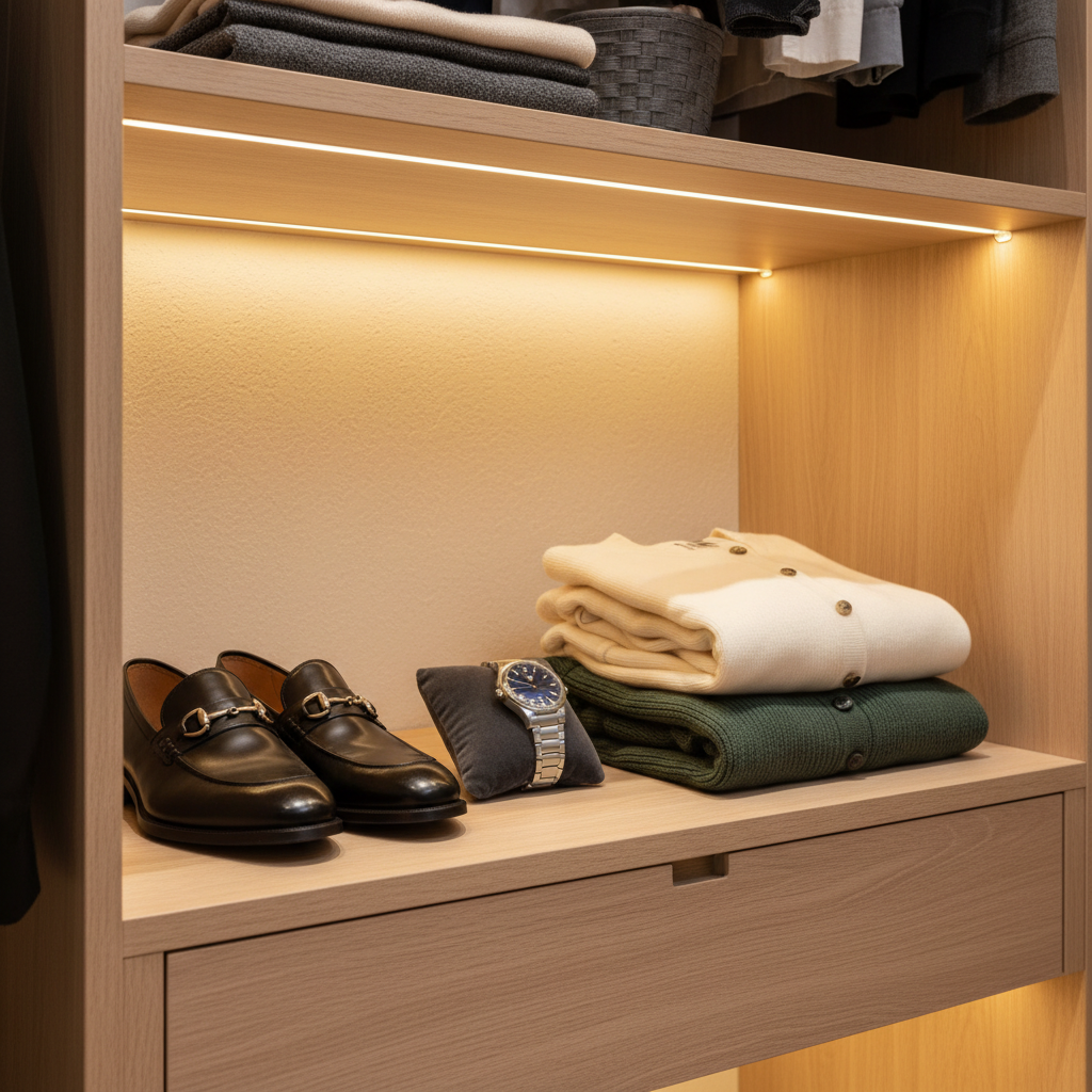 깔끔하게 정리된 옷장 속의 패션 아이템들