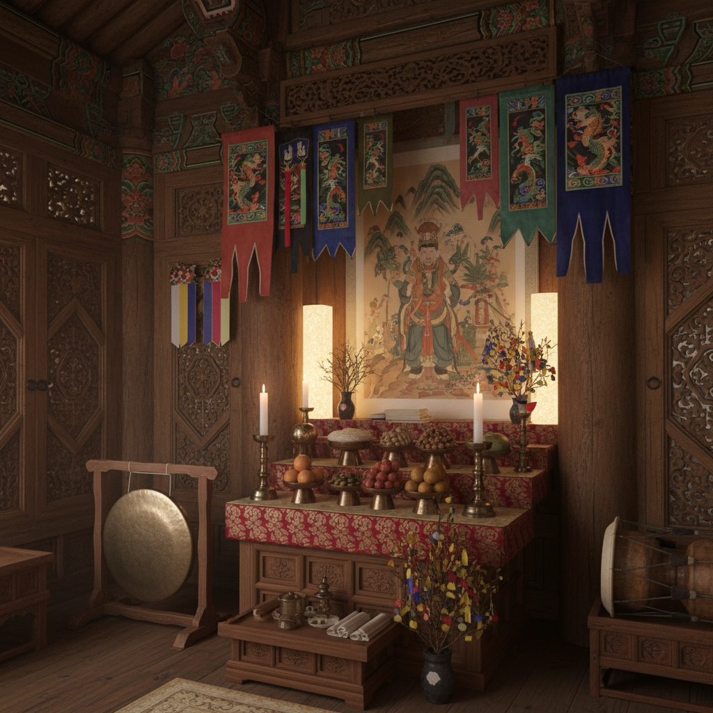 A serene and traditional Korean Shamanic shrine interior with subtle warm lighting. The room features intricate wooden patterns, silk fabrics, and traditional Korean altar elements. A peaceful and spiritual atmosphere. 4:3