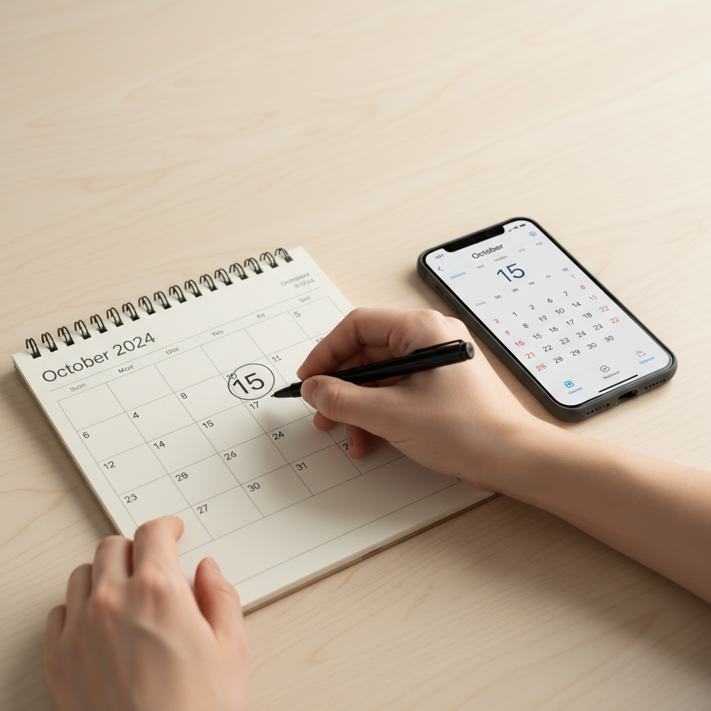 달력을 보며 상담 예약을 기록하는 모습