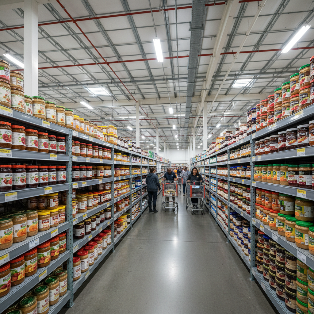 A wide angle realistic photo of a Costco warehouse aisle focusing on the jam and spread section. One shelf is completely empty with only a small price tag visible on the edge. High ceiling with industrial lighting, slightly blurred customers in the background, professional photography style. 4:3