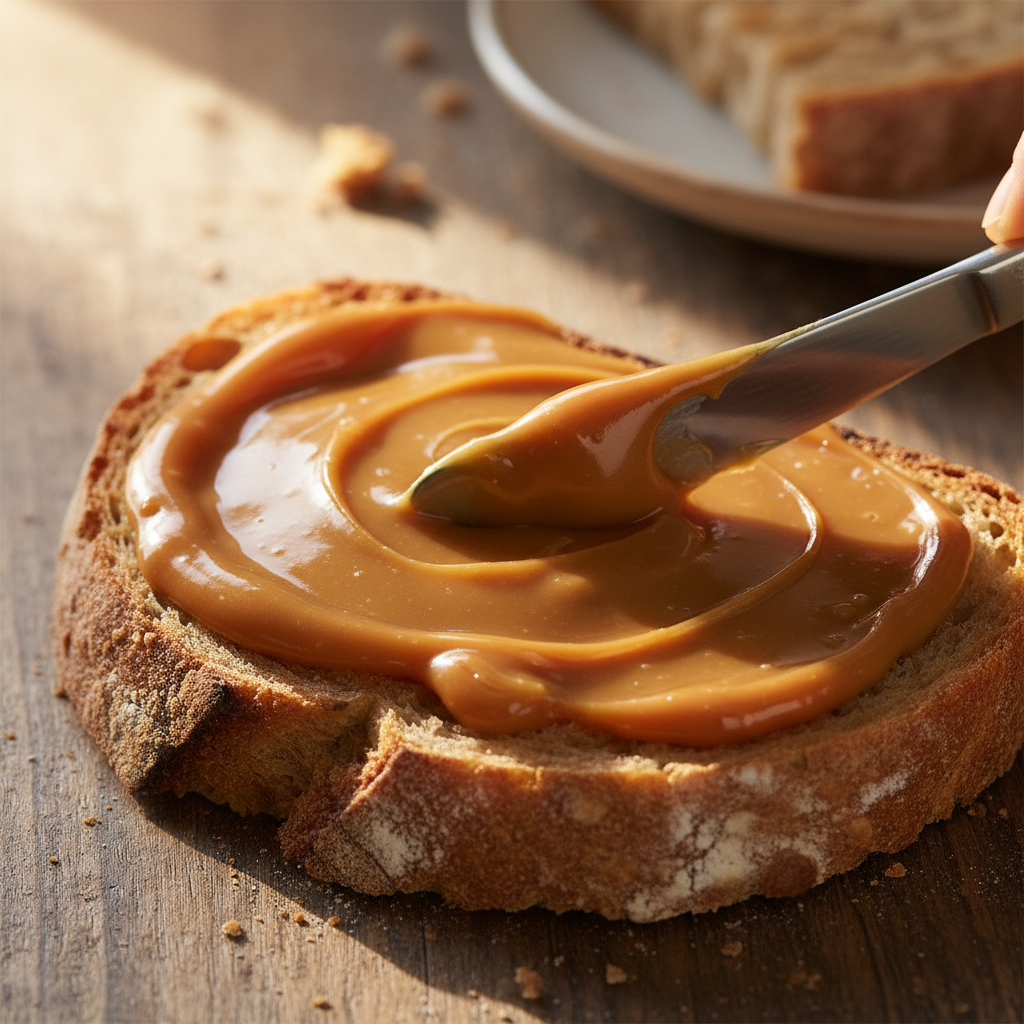 토스트 위에 발라진 진한 카라멜 스프레드