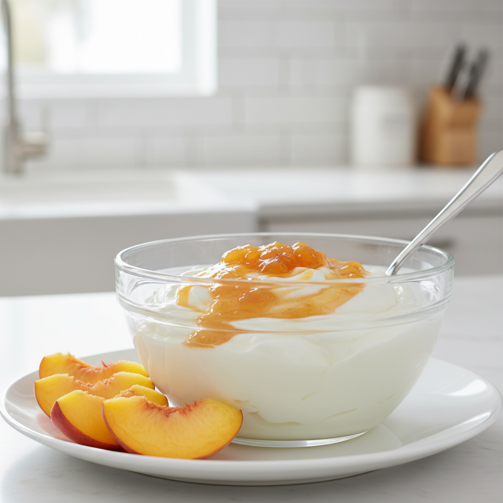 유리 볼에 담긴 요거트와 복숭아 잼 레이어