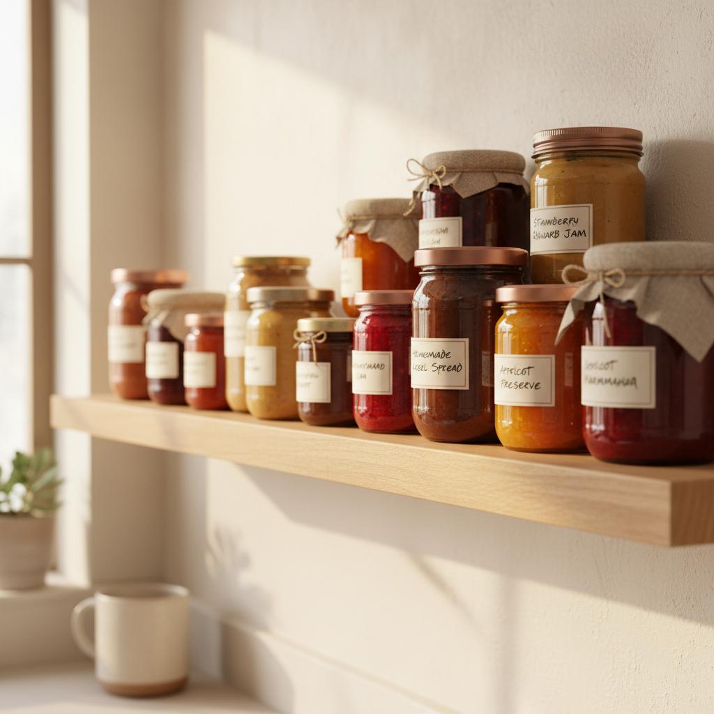 다양한 종류의 잼 병들이 놓여있는 주방 선반