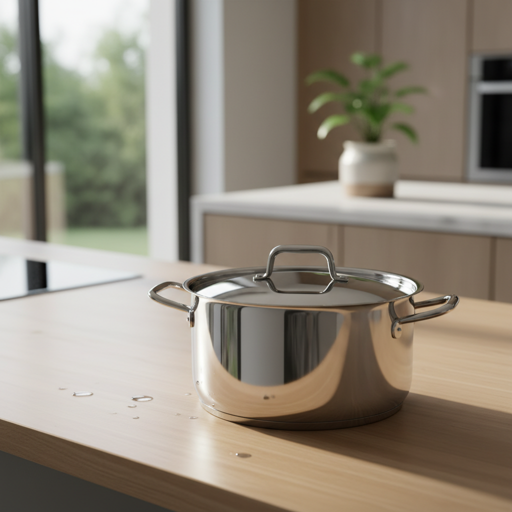 반짝이는 스테인리스 냄비와 주방 도구들