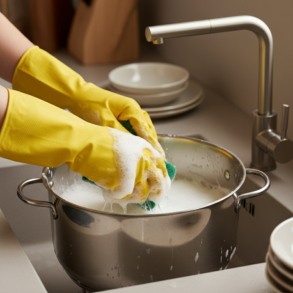 냄비를 꼼꼼하게 닦아내는 세척 모습
