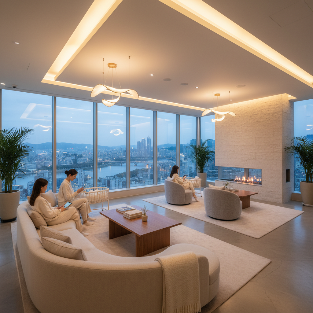 A luxurious and modern postpartum care center lounge with high-end furniture, warm ambient lighting, large windows showing a city view of Seoul, minimalist interior design, cozy and peaceful atmosphere, 4:3