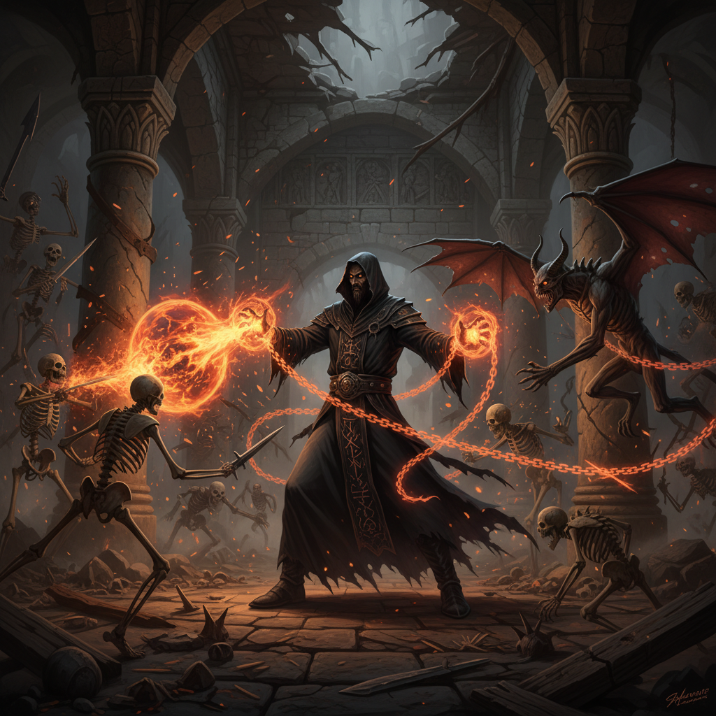 지옥의 불꽃과 사슬을 사용하는 악마술사 전투 장면