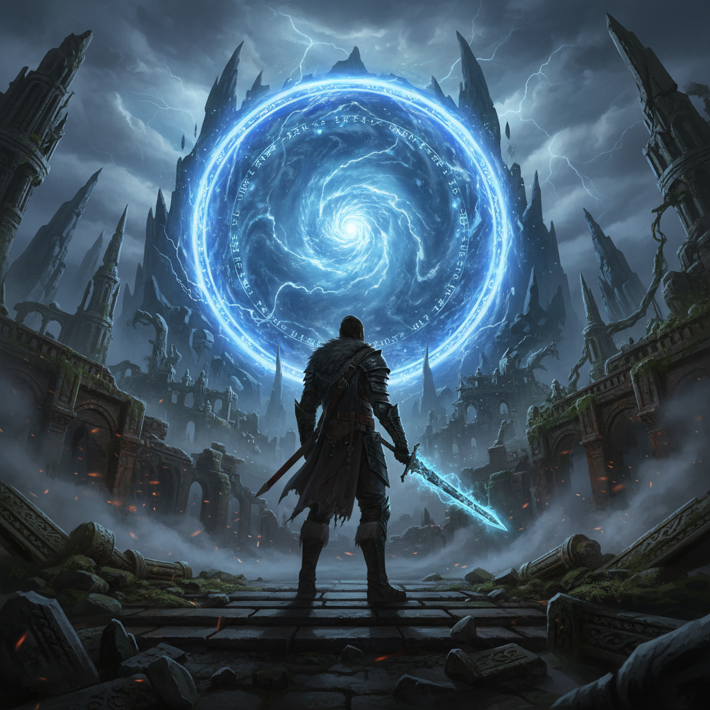 고대 포탈 앞에 서서 새로운 모험을 준비하는 영웅