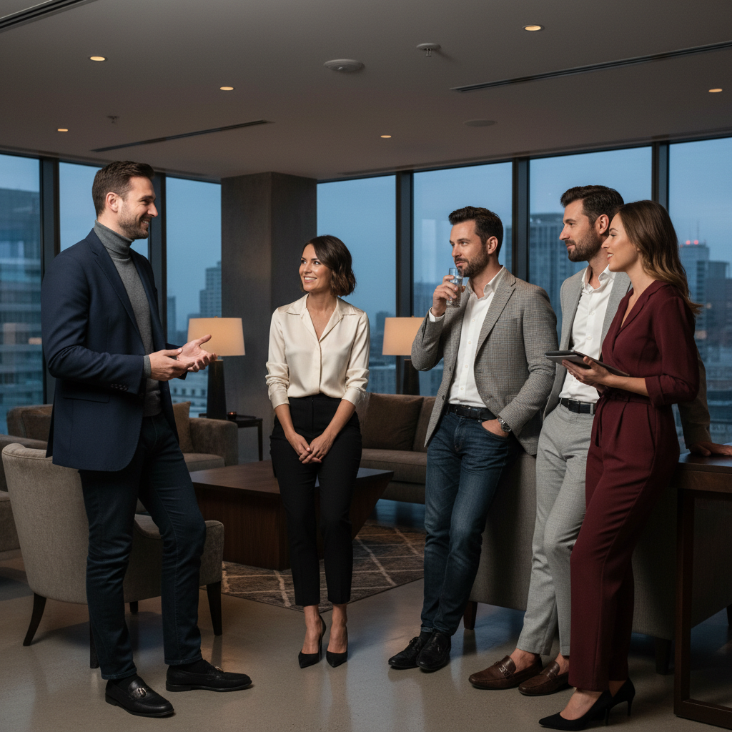 A group of professional men and women in their early 30s having a conversation in a modern and sophisticated lounge. The atmosphere is calm and elegant. They are wearing smart casual business attire. No text in the image. 4:3