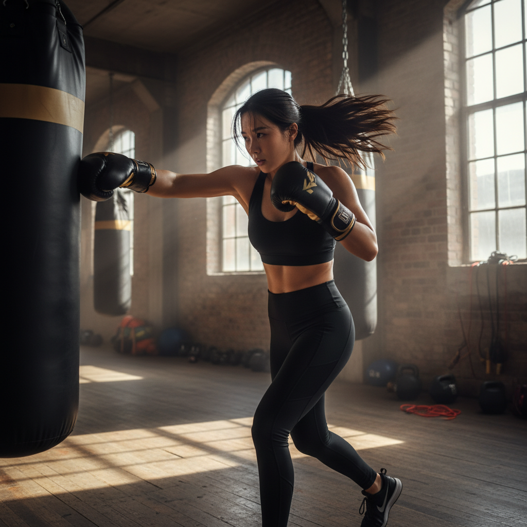 킥복싱 글러브를 끼고 훈련 중인 건강한 여성