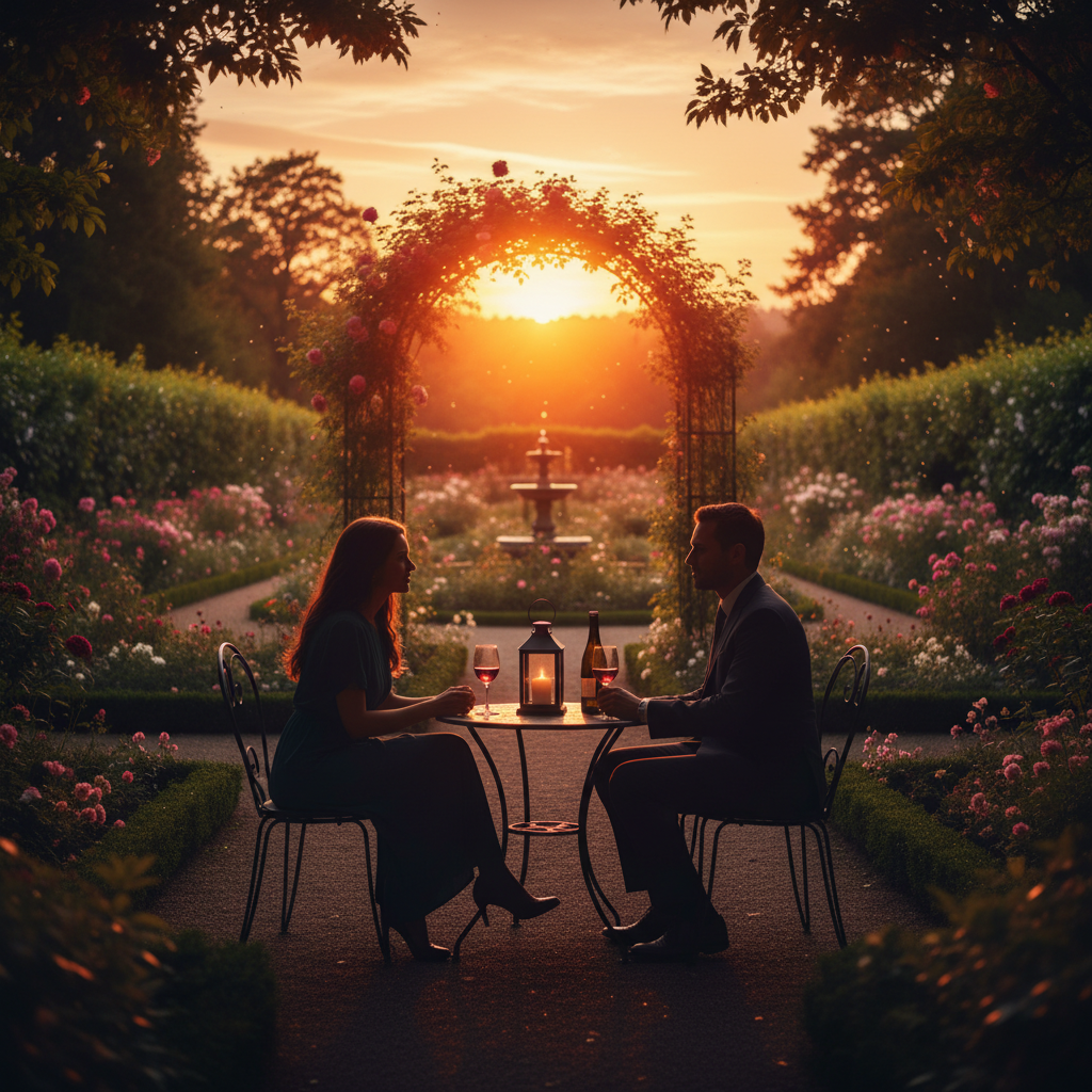 노을 지는 야외 정원에서 마주 앉은 남녀의 실루엣