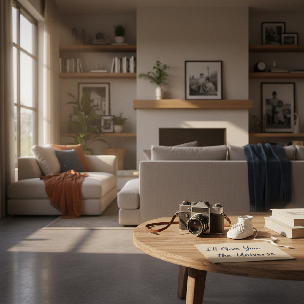 A cozy and modern living room interior with warm sunlight streaming through a window. On a wooden table, there is a vintage film camera and a small baby shoe, symbolizing the drama I’ll Give You the Universe. The atmosphere is emotional and peaceful. 4:3