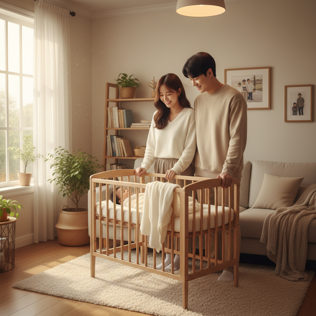 두 남녀가 아기를 함께 돌보며 웃고 있는 따뜻한 순간