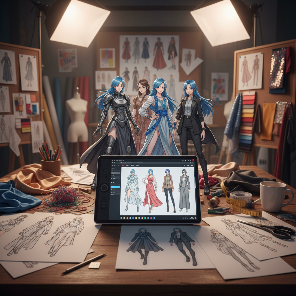 패션 스케치와 웹툰 캐릭터가 함께 놓인 작업대