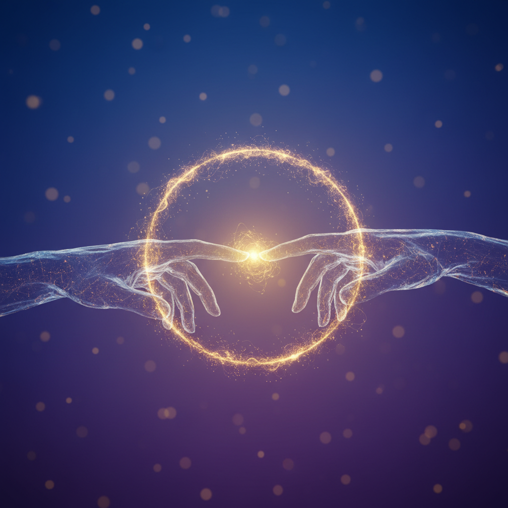 서로 연결된 두 손과 따뜻한 빛의 형상