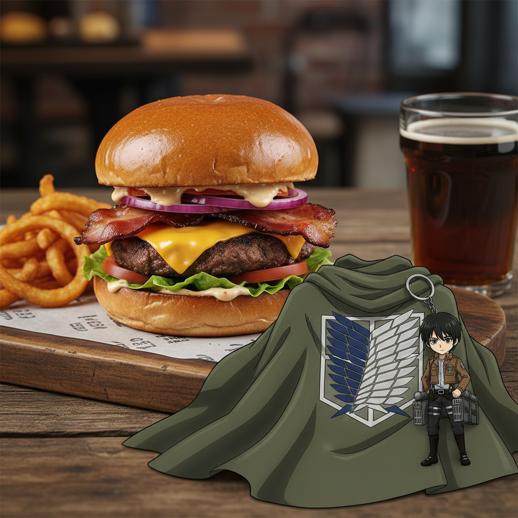 프랭크버거 세트와 진격의 거인 굿즈 나열샷