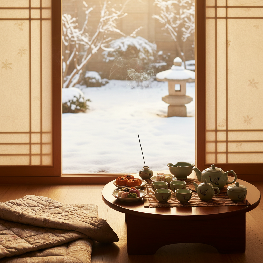 A warm and cozy indoor setting featuring a traditional Korean tea set on a wooden table. Soft sunlight filters through a window with a view of a peaceful winter garden. The atmosphere is calm and inviting, reflecting the essence of a traditional lunar new year morning. High quality photography, warm lighting, natural textures. 4:3