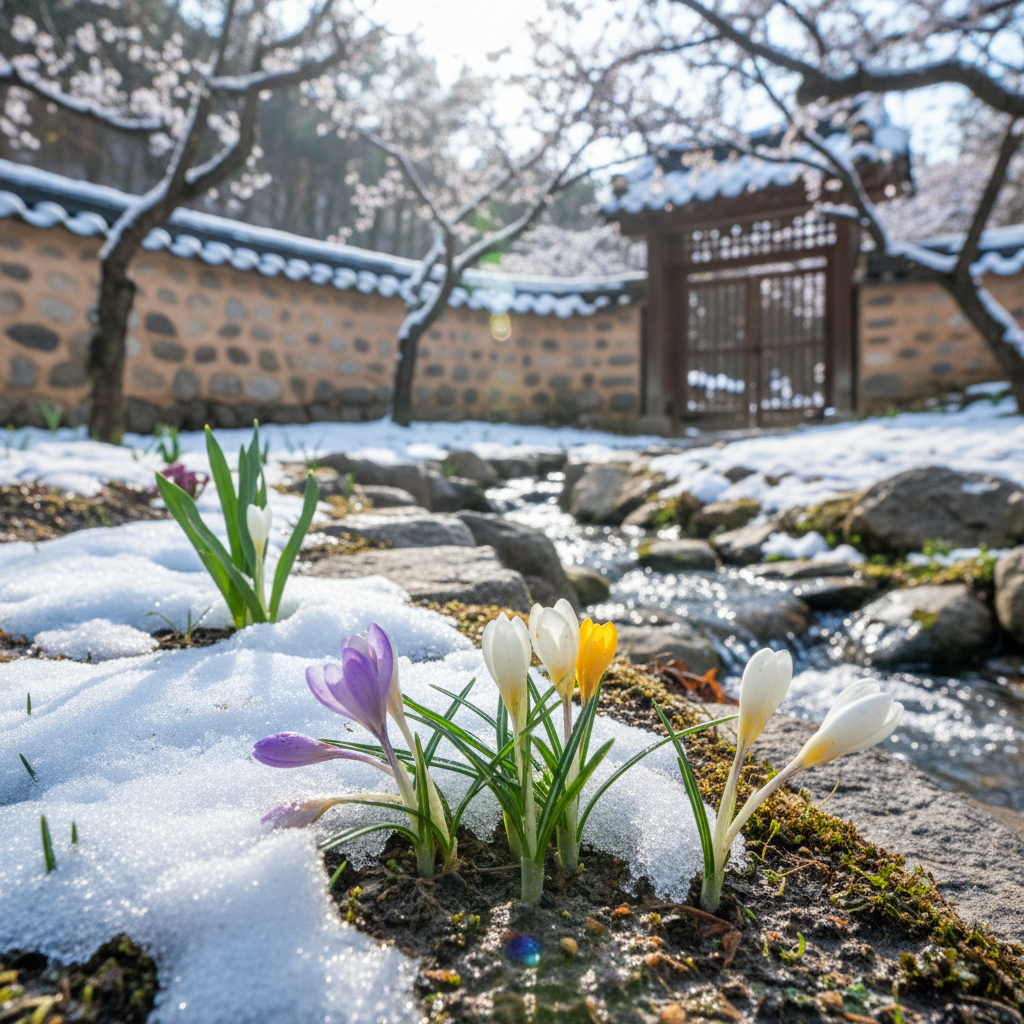 눈 녹은 땅에서 피어나는 봄꽃의 희망적인 이미지