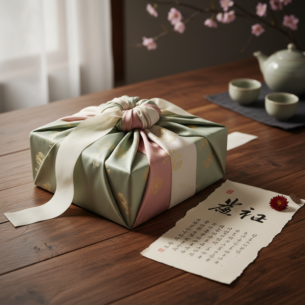 정성스럽게 쓴 편지와 한국 전통 보자기 선물