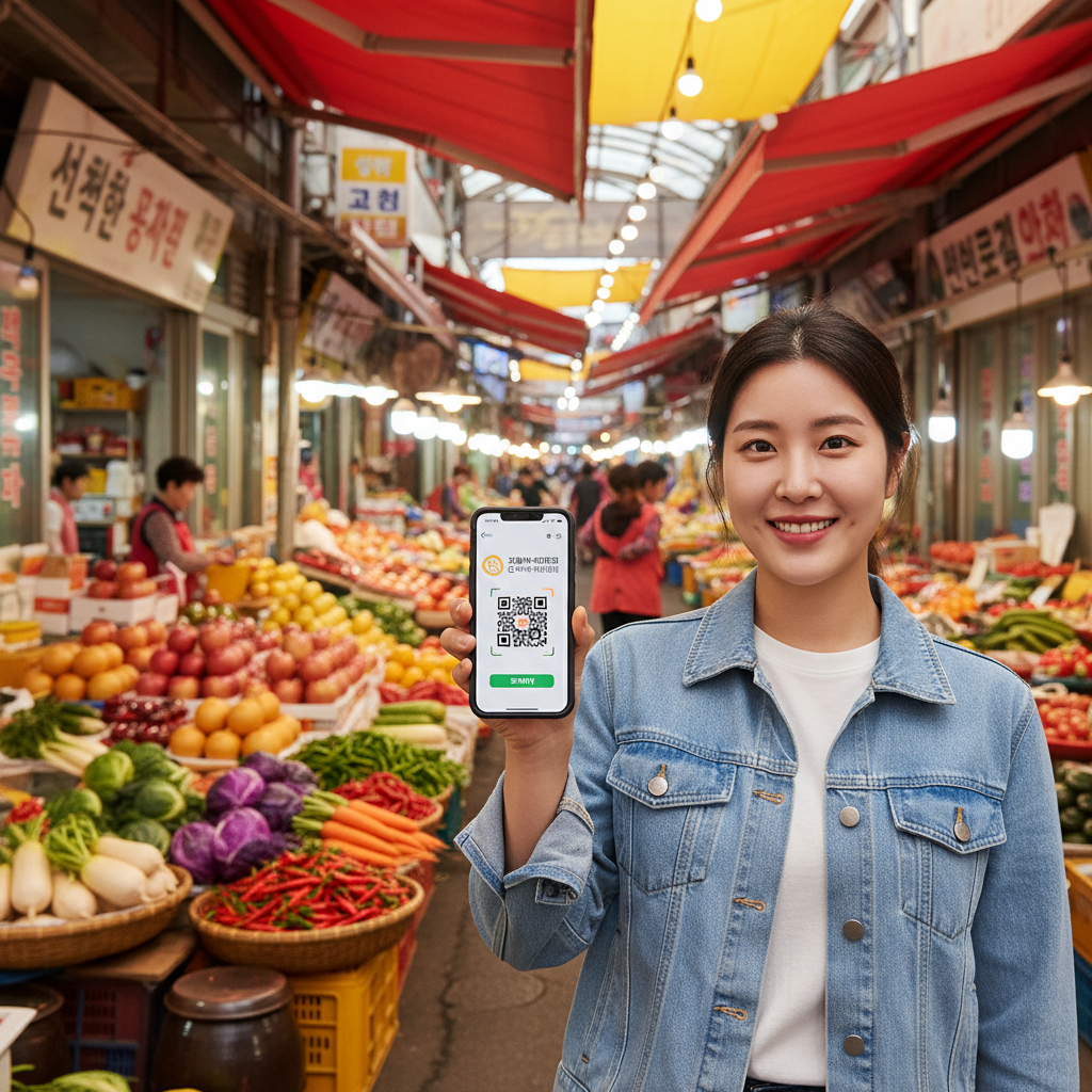 A Korean person holding a smartphone showing a digital voucher app in a vibrant traditional Korean market background with fresh fruits and vegetables 4:3