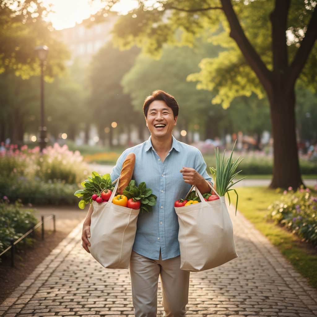 가득 찬 장바구니를 들고 밝게 웃는 모습