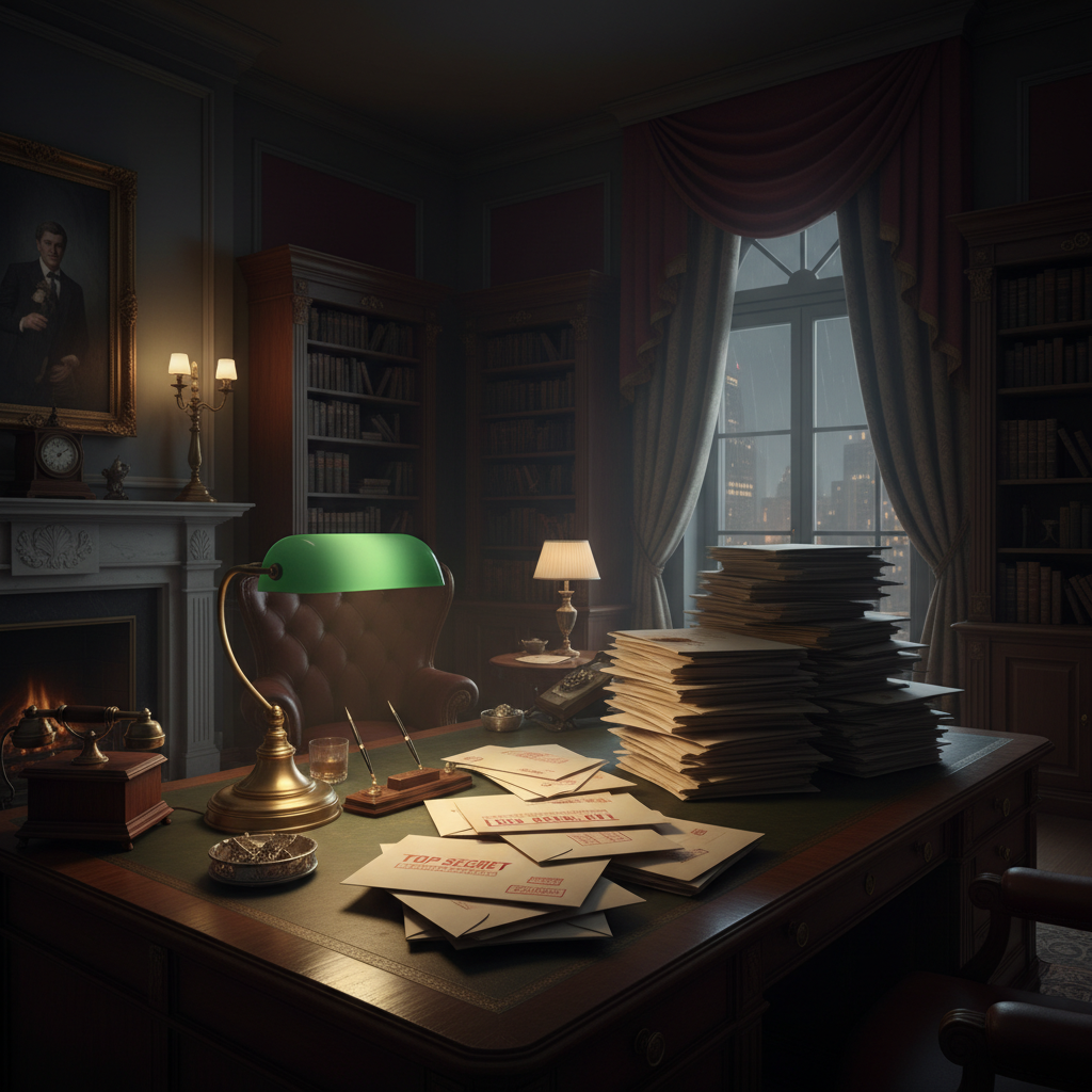 A dark and moody office of a powerful person, dim luxury interior, a single desk lamp illuminating a stack of confidential files, cinematic lighting, mysterious atmosphere, 4:3