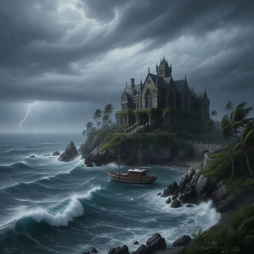 폭풍우 치는 바다 위에 고립된 호화로운 섬