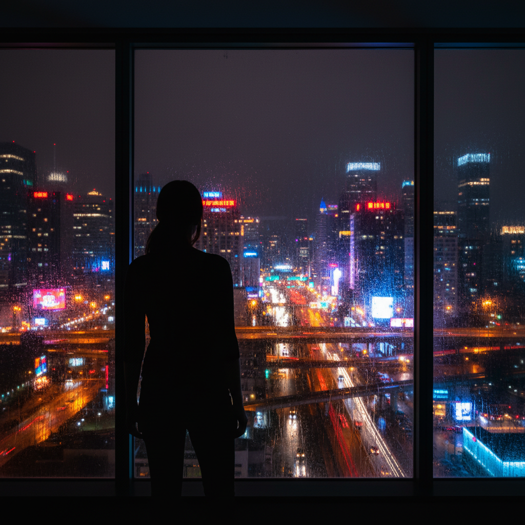 도시의 화려한 야경을 바라보는 어두운 실루엣