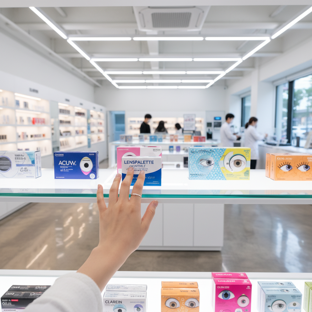 A first-person view of a person looking at various contact lens boxes on a shelf in a modern and clean optical store. The lighting is bright and professional. Korean-looking person’s hand is reaching for a lens box. High-quality lifestyle photography. 4:3