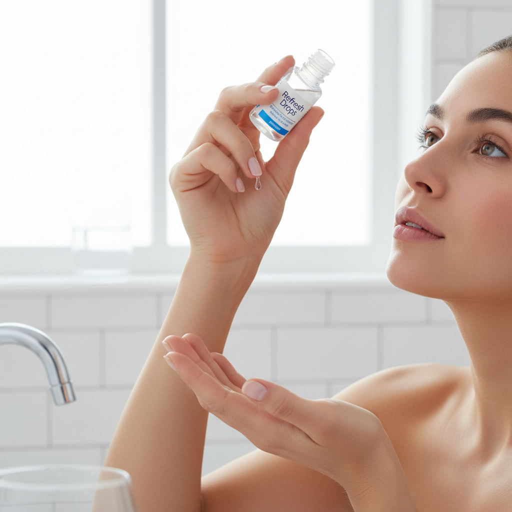 렌즈 착용 중 인공눈물을 넣는 모습