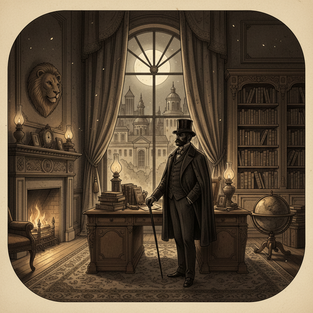 A mysterious silhouette of a wealthy man in a high-end luxury office, dim lighting, cinematic atmosphere, historical illustration style, 4:3