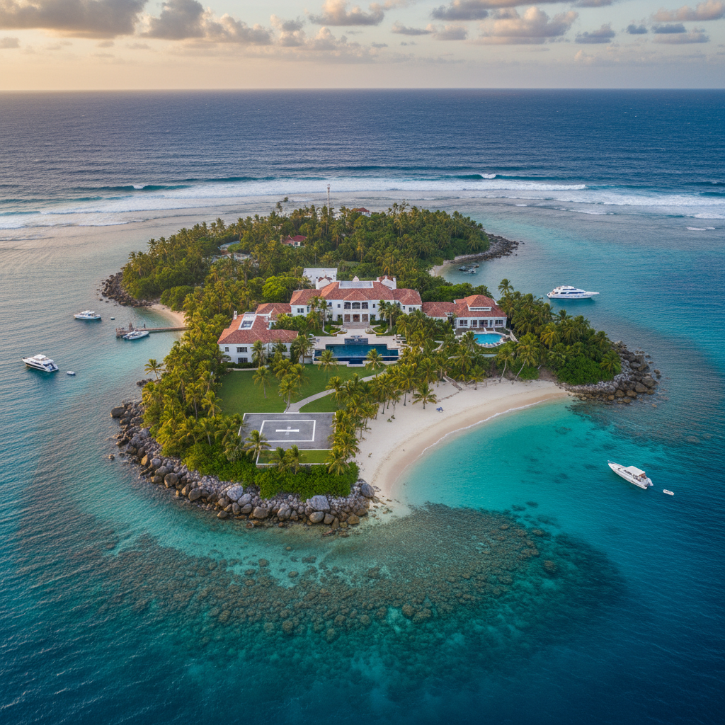 푸른 바다 위에 고립된 사설 섬의 전경