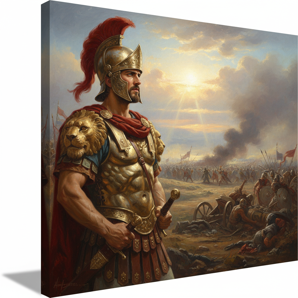 A majestic and realistic oil painting of Alexander the Great wearing golden Macedonian armor, looking towards the horizon with a determined expression, battlefield in the background with ancient soldiers, cinematic lighting, historical art style, 4:3