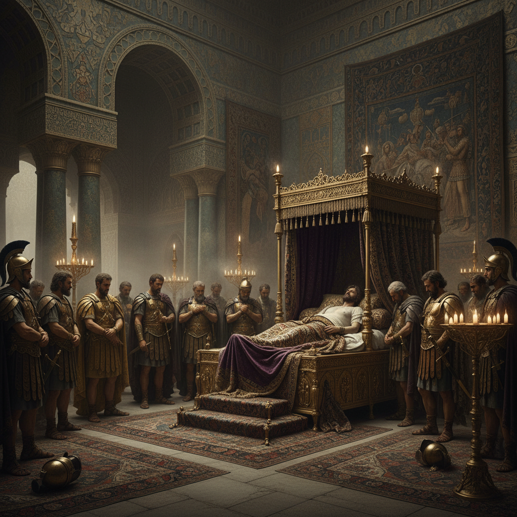 바빌론 궁전에서 최후를 맞이하는 알렉산더 대왕의 모습