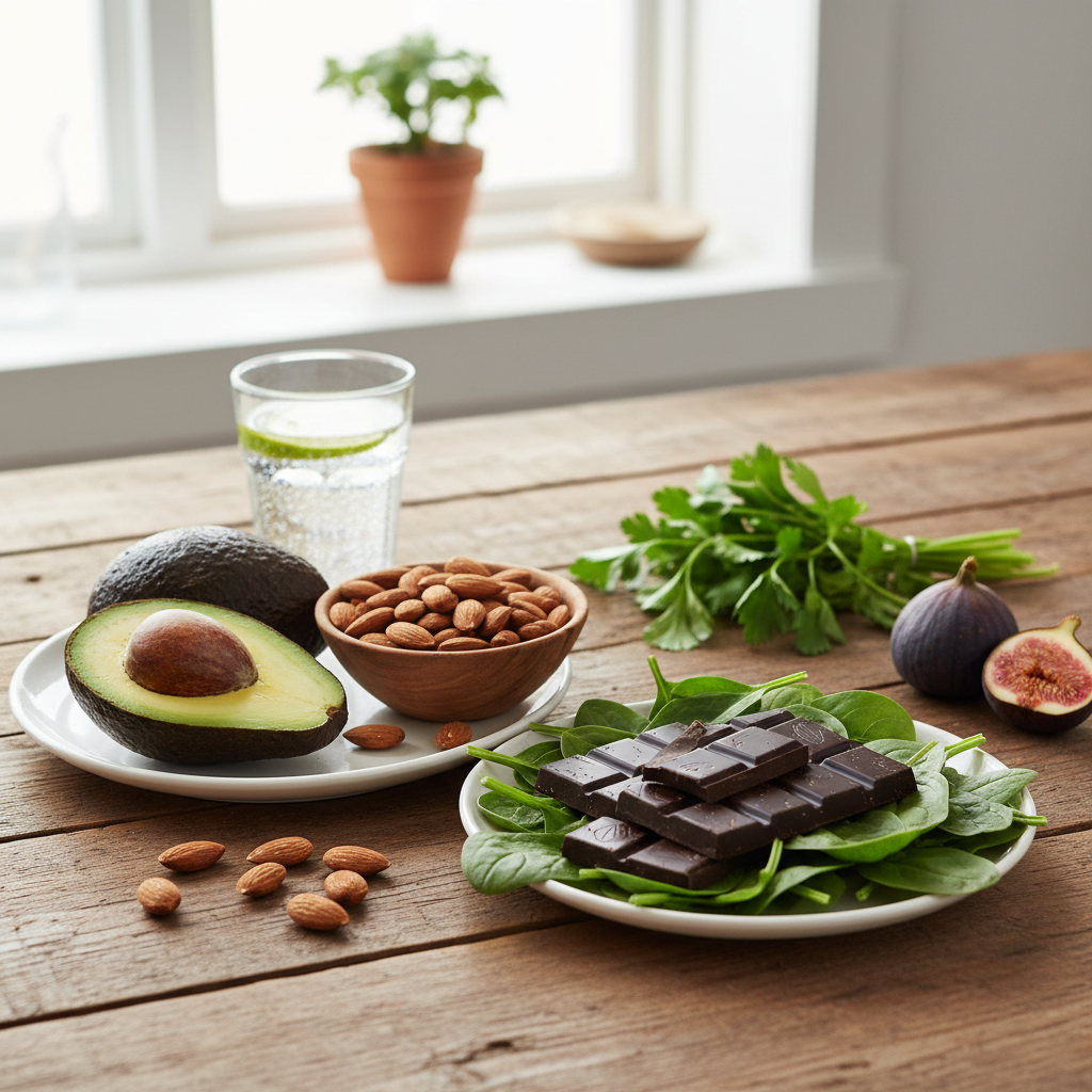 A high-quality lifestyle photograph of a wooden table featuring magnesium-rich foods like avocados, almonds, spinach, and dark chocolate. The lighting is bright and natural, creating a healthy and fresh atmosphere. No text. 4:3