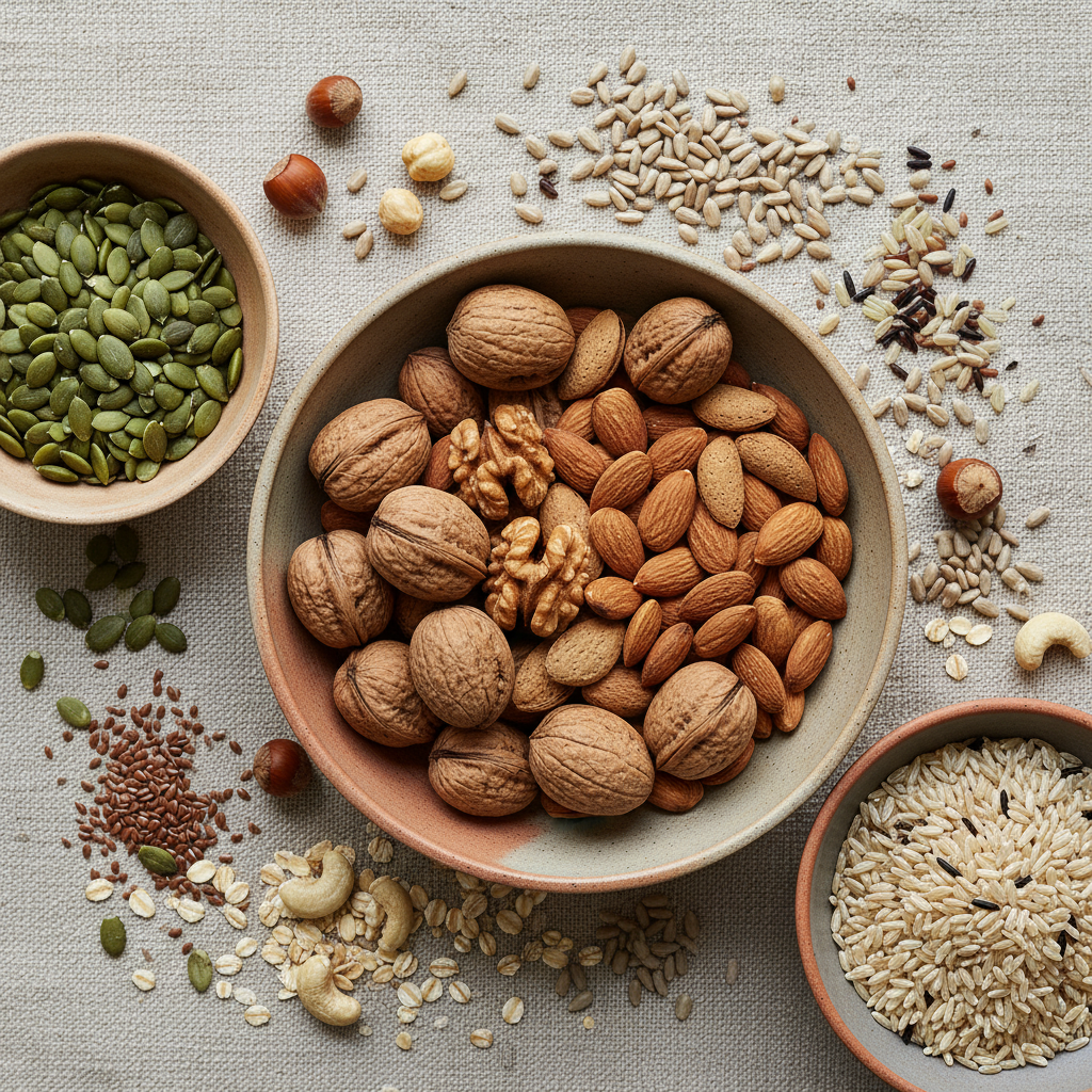 다양한 견과류와 곡물이 담긴 그릇