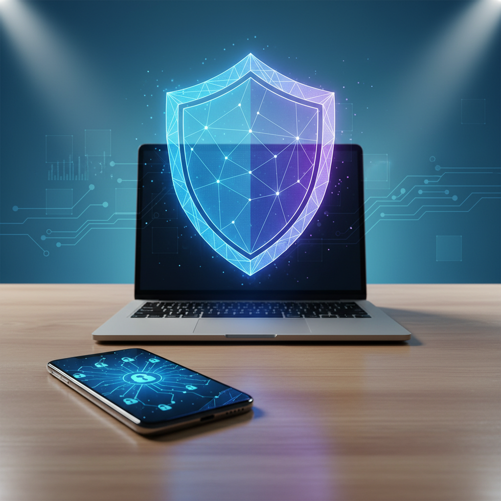 A modern and clean conceptual image representing digital security and safety. It features a glowing shield icon hovering over a sleek smartphone and a laptop on a wooden desk. The background is a soft blue gradient with subtle geometric patterns. High contrast, professional lighting. 4:3