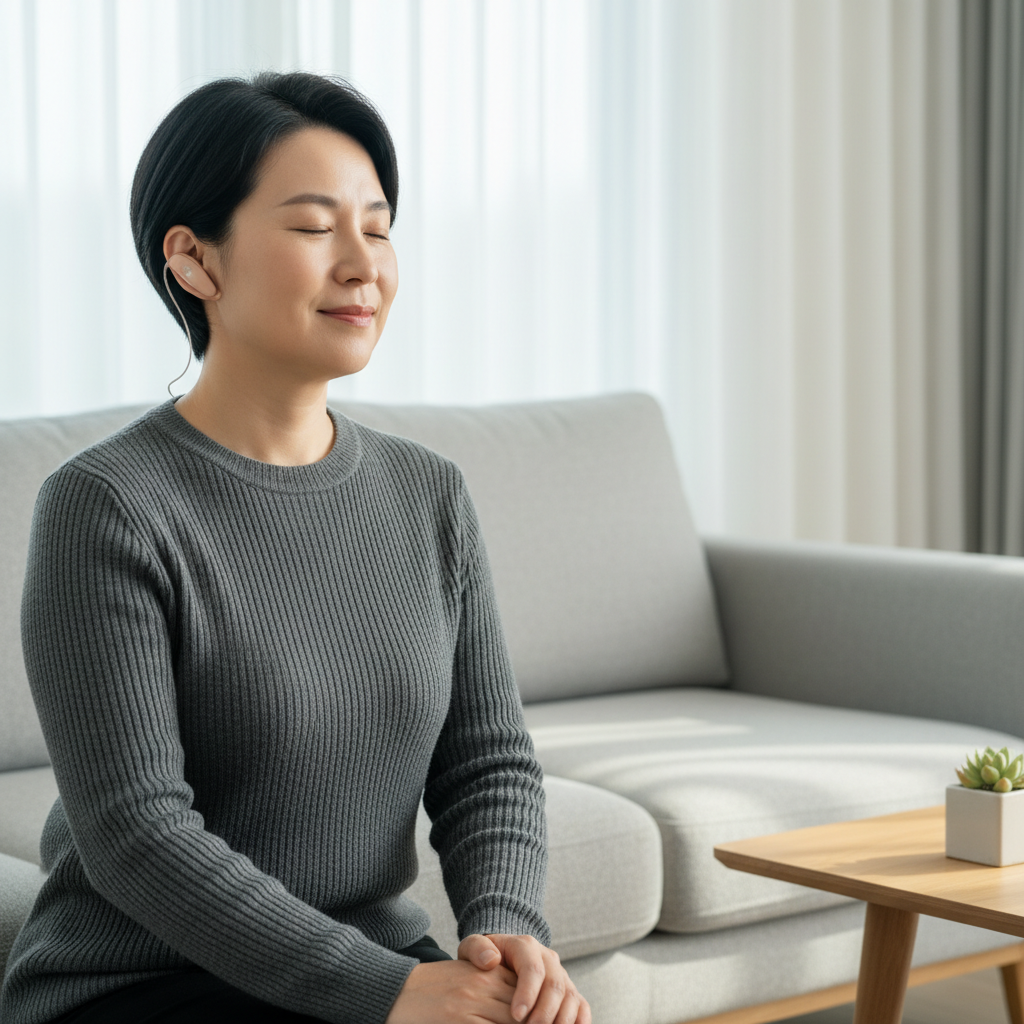 A middle-aged person wearing a small non-invasive electronic device inside their ear similar to a wired earphone. The person is focused and calm, sitting in a modern living room setting. Soft natural lighting, high-quality medical technology vibe. 4:3