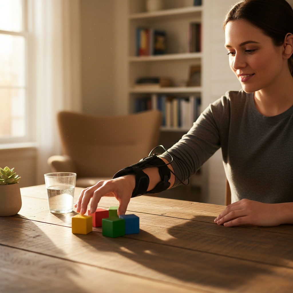 집에서 스스로 재활 훈련에 집중하는 환자의 모습