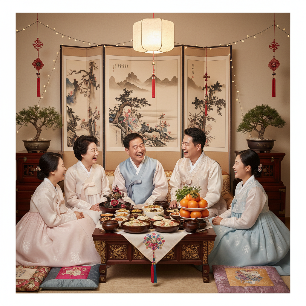 A happy Korean family in modern Hanbok laughing and exchanging New Year greetings in a cozy living room decorated with traditional Korean ornaments. Warm lighting, lifestyle photography, high quality. 4:3