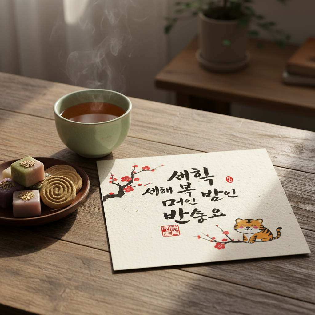 전통 찻잔과 함께 놓인 설날 편지